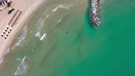 A-lone-skate-surfer-near-port-ginesta-in-barcelona,-spain,-with-waves-and-breakwater,-aerial-view