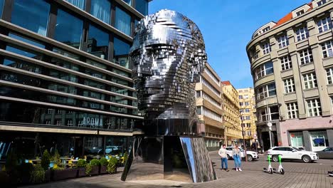 Head-of-Franz-Kafka-next-to-Quadrio-Shopping-Center-in-Prague