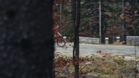 Männlicher-Fahrradfahrer-Rollt-Zwischen-Bäumen-Auf-Einer-Kurvenreichen-Straße-In-Den-Bergen