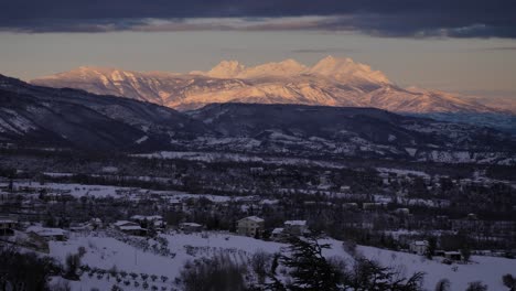 View-of-Gran-Sasso-National-Park-under-snow-from-Guardiagrele,-Abruzzo,-Italy