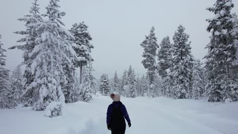 Young-Woman-Takes-A-Stroll-Down-A-Snowy-Street-Explores-Winter-Wonderland-in-Lapland,-Finland,-Arctic-Circle