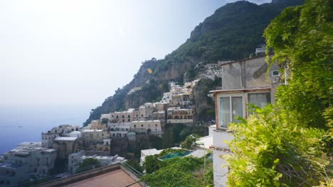 City,-Mountain,-and-Sea-Overlook-|-Positano-Italy-Scenic-Summer-Cliffside-Immersive-Travel-Tourism-Mountainside,-Europe,-Walking,-Shaky,-4K