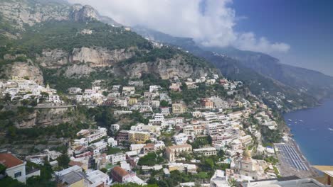 Panorama-of-Vast-City-From-Cliff-|-Positano-Italy-Scenic-Summer-Cliffside-Immersive-Travel-Tourism-Mountainside,-Europe,-Walking,-Shaky,-4K