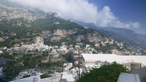 Vast-Lush-Green-Scenic-City-In-Mountains-|-Positano-Italy-Scenic-Summer-Cliffside-Immersive-Travel-Tourism-Mountainside,-Europe,-Walking,-Shaky,-4K