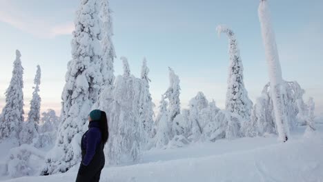 Chica-Caminando-Cuesta-Abajo-Observando-El-Hermoso-País-De-Las-Maravillas-Invernal-Cubierto-De-Nieve-En-Laponia,-Finlandia,-Círculo-ártico