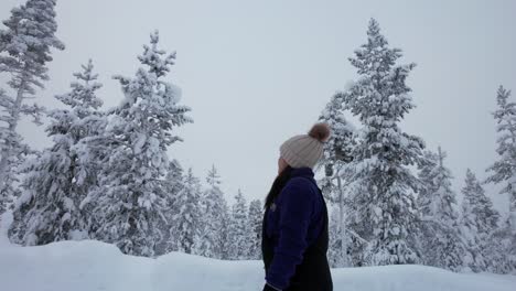 Una-Niña-Da-Un-Paseo-Y-Explora-El-Hermoso-País-De-Las-Maravillas-Invernal-Cubierto-De-Nieve-En-Laponia,-Finlandia,-El-Círculo-Polar-ártico.