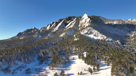 Aerial-Orbit-of-the-famous-Flatirons-covered-in-snow-during-winter-in-Boulder,-Colorado,-USA