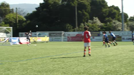Youth-teams-football-soccer-on-grass-pitch,-goal-shoot-goalkeeper-fail