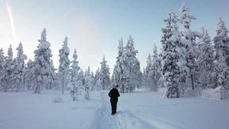 Young-Girl-Exploring-Scenery-In-Snowy-Forest-In-Lapland,-Finland,-Arctic-Circle