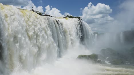 Beautiful-Blue-Skies-in-Sunny-Weather-Conditions,-Amazing-Huge-Waterfalls-Crashing-into-Large-Rocky-Water-Pools,-Bright-Colourful-Views-in-Iguazu-Falls,-Brazil,-South-America