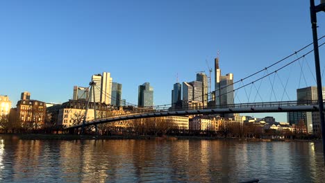 Lighting-City-of-Frankfurt-with-high-rise-skyscraper-buildings-at-sunset