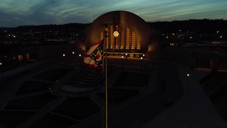 Union-Terminal,-Cincinnati,-at-dusk,-aerial-drone-train-station-and-museum