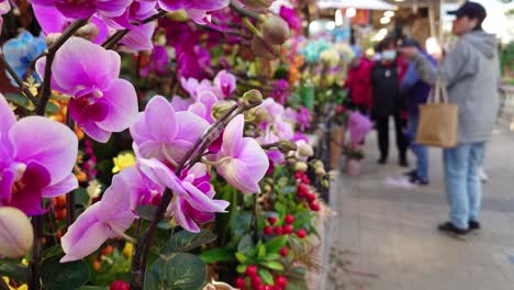 Partial-side-view-of-flowers-with-customers-at-Mong-Kok-Flower-Market-with-blurred-background-in-Hong-Kong