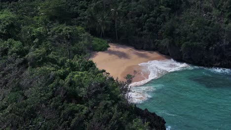 Karibische-Wellen-Ergießen-Sich-Auf-Den-Abgelegenen-Paradiesischen-Strand,-Der-Von-üppigem-Dschungel-Umgeben-Ist
