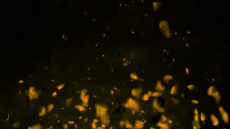 Realistisches-Feuergas-Mit-Heißer-Feuriger-Glut,-Funken,-Flammen,-3D-Animation,-Partikelglühen,-Brennend-Auf-Schwarzem-Hintergrund,-VFX-Gelb