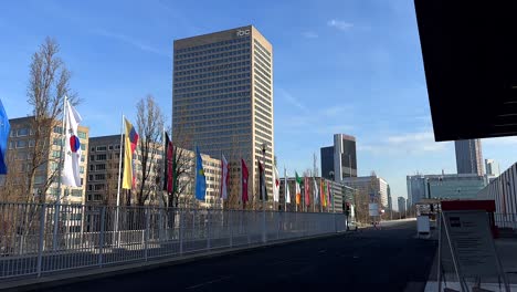 Waving-international-flags-of-trade-fair-in-Frankfurt-City