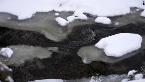 Slow-motion-top-down-view-of-water-flowing-across-icy-stream-and-snow
