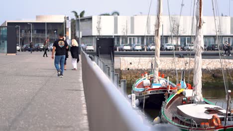 People-walking-along-Promenade-by-recreational-Marina,-blurred-Rail-on-foreground