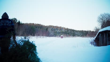 Man-Pulling-Cut-Pine-Tree-On-Snow-In-Winter