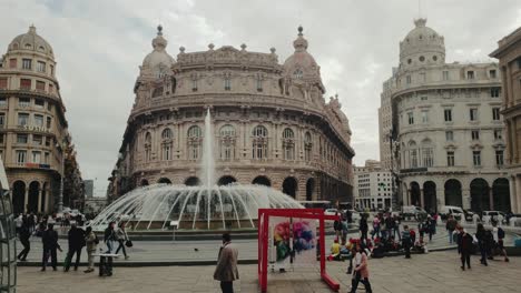 Hyperlapse-of-Piazza-de-Ferrari,-the-main-square-in-Genova,-showing-the-recently-restored-fountain-and-the-main-buildings