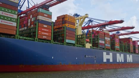 Close-up-shot-of-a-cargo-ship-at-commercial-port-of-Hamburg-in-Germany-during-daytime