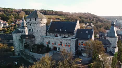 Scenic-aerial-view-of-the-Burg-Stolberg-castle-building-in-the-town-of-Stolberg,-Rhineland