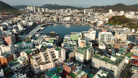 Aerial-view-of-Tyongyeong,-South-Korea,-a-coastal-city-located-in-Gyeongsang-Province-in-the-fall