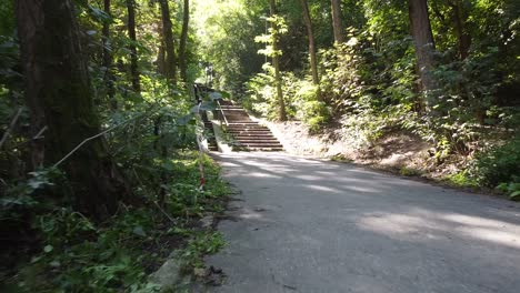Camina-Por-Escaleras-De-Hormigón-Abandonadas-En-El-Bosque-Con-Vías-De-Tranvía-En-El-Parque-De-La-Ciudad
