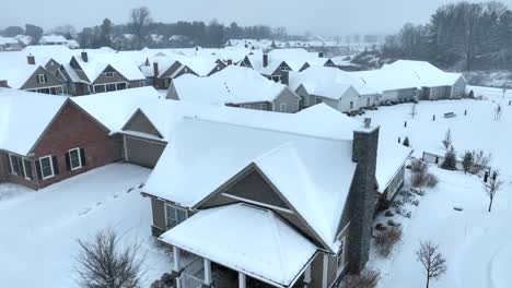 Schneebedeckte-Häuser-Mit-Leuchtender-Straßenlaterne,-Dämmerung,-Ruhige-Nachbarschaft