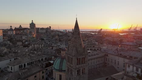Sunset-over-Genoa's-historic-skyline-with-prominent-architecture,-golden-hour-glow