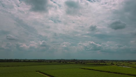 Luftbild-Hyperlapse-Dolly-Rechts-Von-Zuckerrohrpflanzen-Mit-Wolken,-Die-Sich-Im-Valle-Del-Cauca-In-Kolumbien-Bewegen