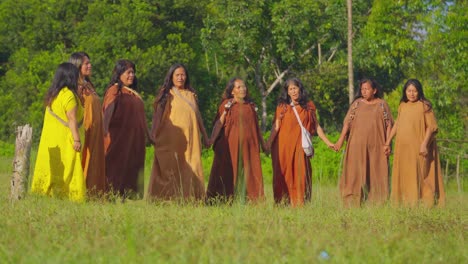 Group-of-Peruvian-natives-in-traditional-dress-dancing-joyfully-in-a-lush-green-field-in-Oxapampa