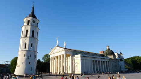 Vilnius-square-landmark-neo-classical-cathedral-tower-in-scenic-Lithuanian-old-town-main-square