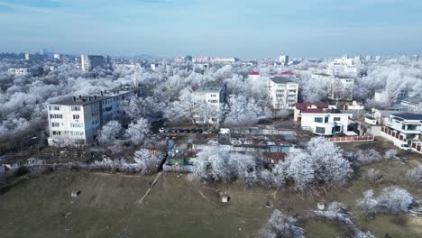 Volar-Sobre-Edificios-Con-árboles-Cubiertos-De-Nieve-En-La-Ciudad-De-Galati,-Rumania