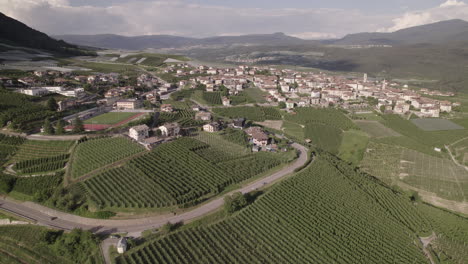 Drone-shot-flying-near-Lago-di-Santa-Giustina-near-Trentino-in-Italy-on-a-cloudy-day-with-mountains-and-houses-surrounded-by-green-fields-and-trees-LOG