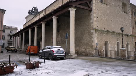 View-of-the-Church-of-Saint-Maria-Maggiore-under-snow,-Guardiagrele,-Abruzzo,-Italy