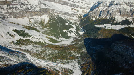 Derborence-Valley-Within-Valais-Mountain-Range-During-Snowy-Autumn-In-Valais,-Switzerland