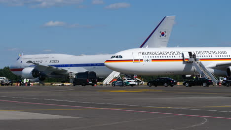 Bundesrepublik-Deutschland-and-Korea-Code-one-aircraft-parked-on-Vilnius-airport-runway-attending-NATO-summit-in-Lithuania