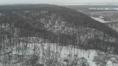 Snow-Covered-Forest-Drone-Aerial-Hills-Leafless-Trees