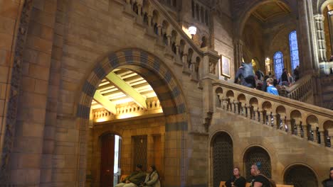 Visitors-exploring-Hintze-Hall-in-London's-Natural-History-Museum,-grand-architecture