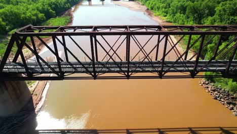 Aerial-footage-rising-up-over-the-Red-River-revealing-a-bridge-and-train-tracks