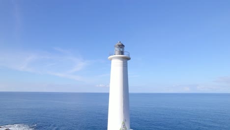 Luftdrohne-Umkreist-Weißen-Leuchtturm-Mit-Meer-Und-Blauem-Himmel-Im-Hintergrund,-Vieux-Fort,-Guadeloupe