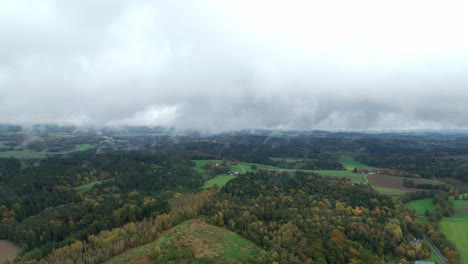 Panoramic-View-Of-Forest-Covered-In-Fog-During-Autumn---Drone-Shot