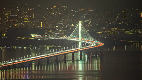 San-Fracisco-Und-Oakland-Bay-Bridge-Kalifornien-Bei-Nacht---Zeitraffer
