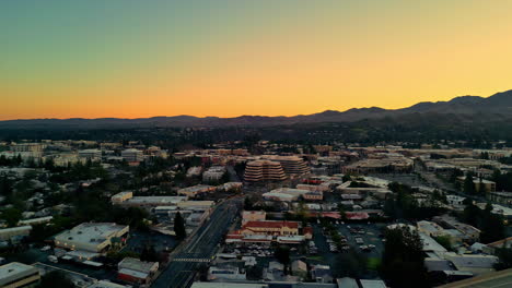 Cityscape-of-Walnut-Creek-during-sunrise-in-early-morning,-aerial-view