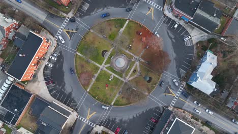 Aerial-top-down-of-driving-cars-in-roundabout