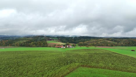Green-Fields-In-The-Countryside-Against-Cloudy-Sky---Drone-Shot