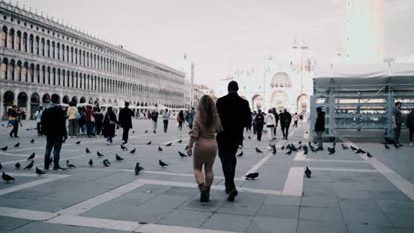 Una-Pareja-De-Raza-Mixta-Caminando-Juntos-Sobre-El-Piazzo-San-Marco-En-El-Palazzo-Ducal-En-Venecia,-Italia,-Con-Muchos-Turistas-Y-Pájaros---Vista-Desde-Atrás