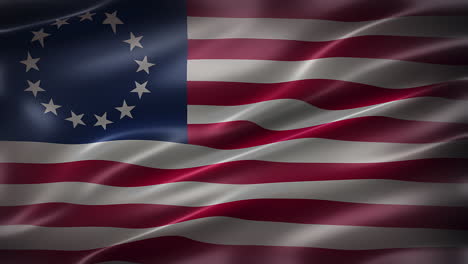 Bandera-De-Betsy-Ross,-Primera-Bandera-Estadounidense-Oficial-Con-Valores-Estadounidenses-Fundamentales,-1776,-Vista-Frontal,-Textura-Sedosa-Elegante,-Ondeando-En-El-Viento,-Animación-Realista-De-4k-Cg,-Apariencia-De-Película,-Con-Capacidad-Para-Bucle-Sin-Interrupciones