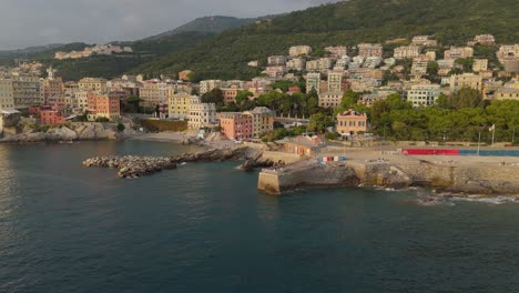 Genoa-nervi-coastline-with-buildings-and-breakwater,-aerial-view